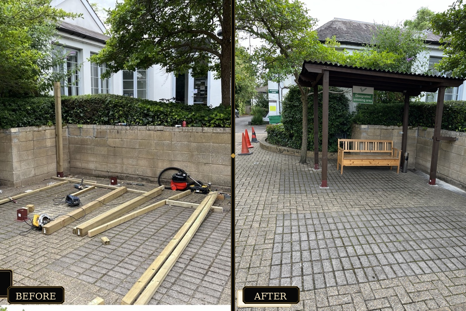 Covered smoking area construction before and after — West London