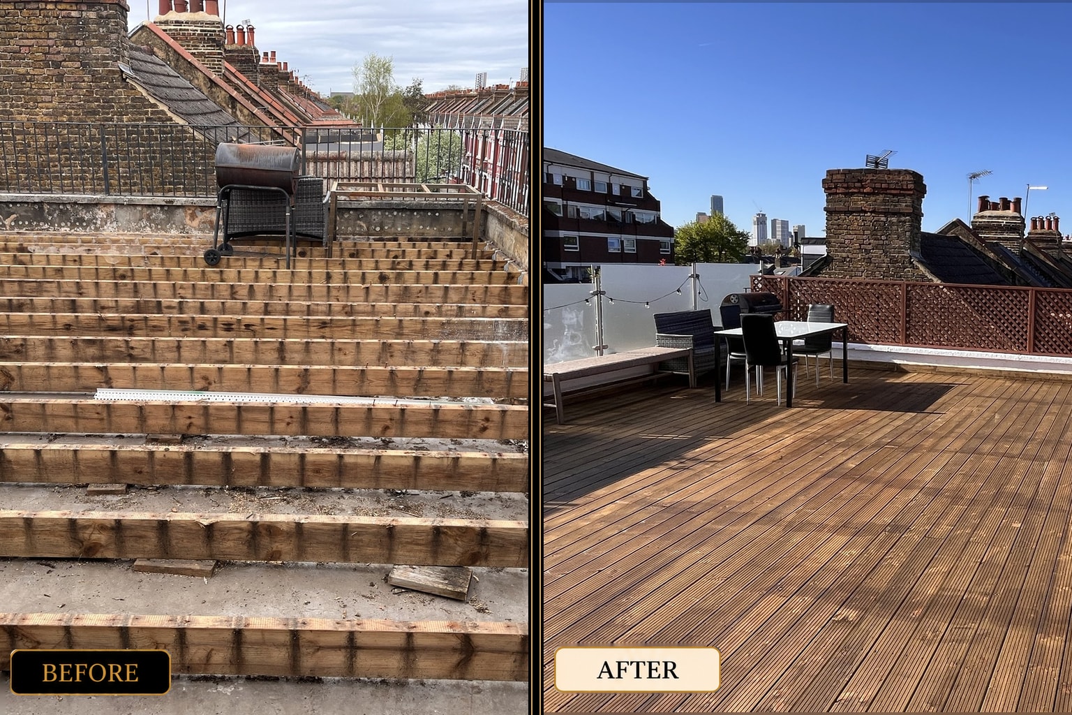 Terrace decking and fencing before and after — West London