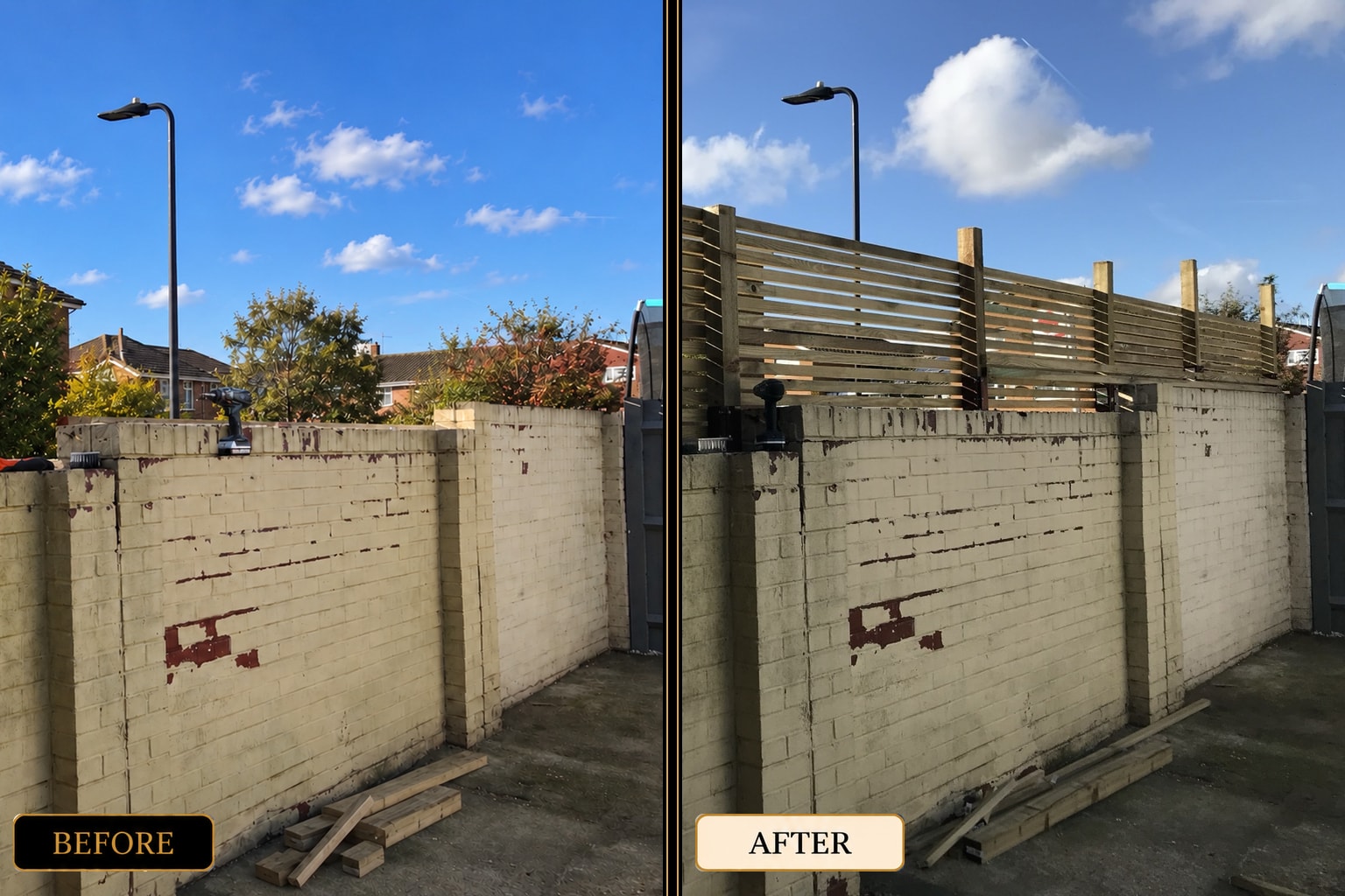 Timber wall fencing installation before and after — West London
