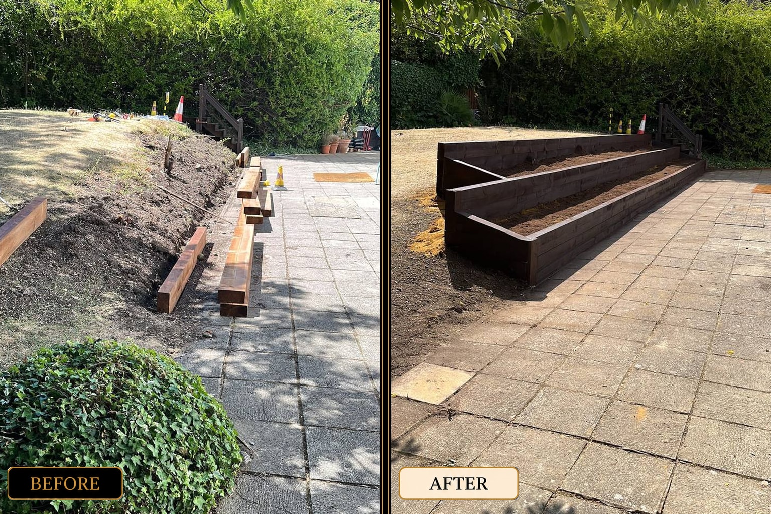 Tiered sleeper garden beds construction before and after — West London