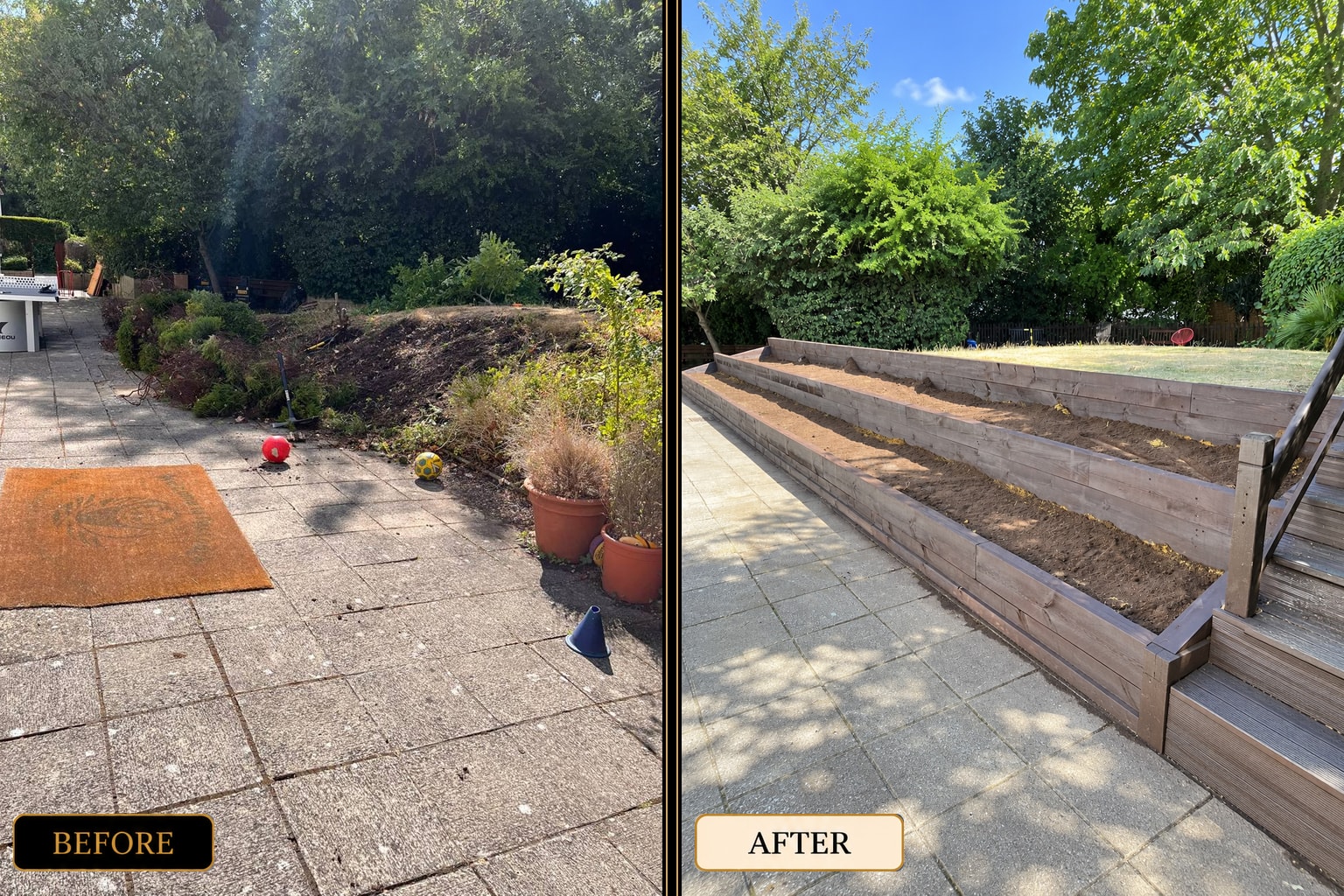Tiered sleeper garden beds installation before and after — West London