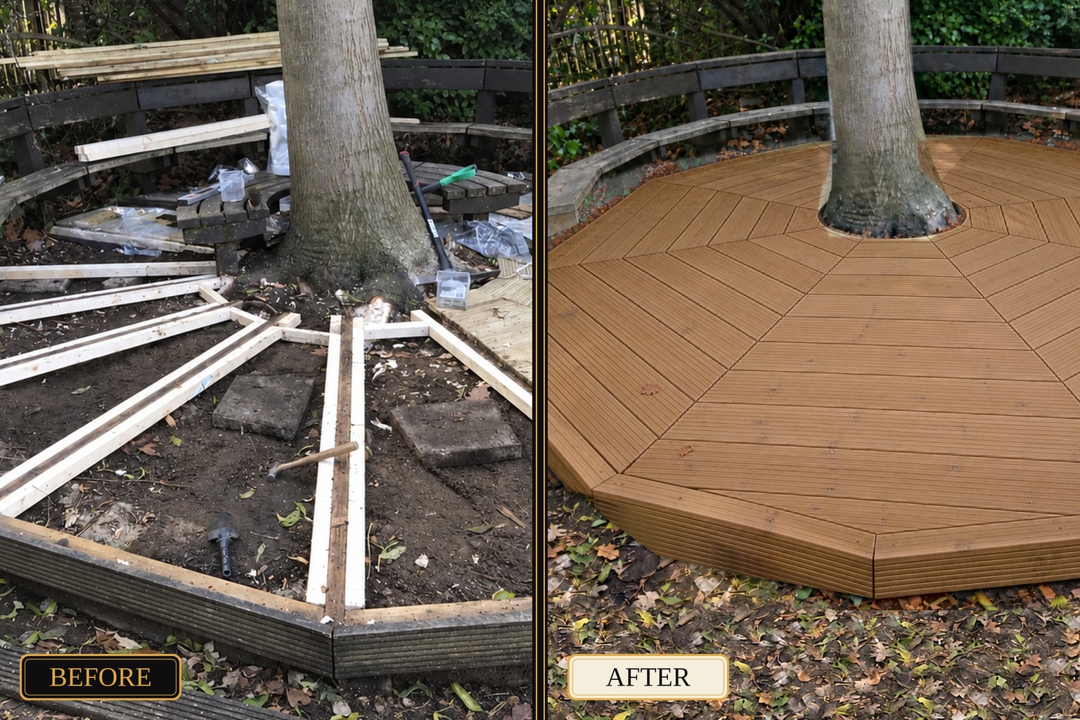 Decking construction around existing tree before and after — West London