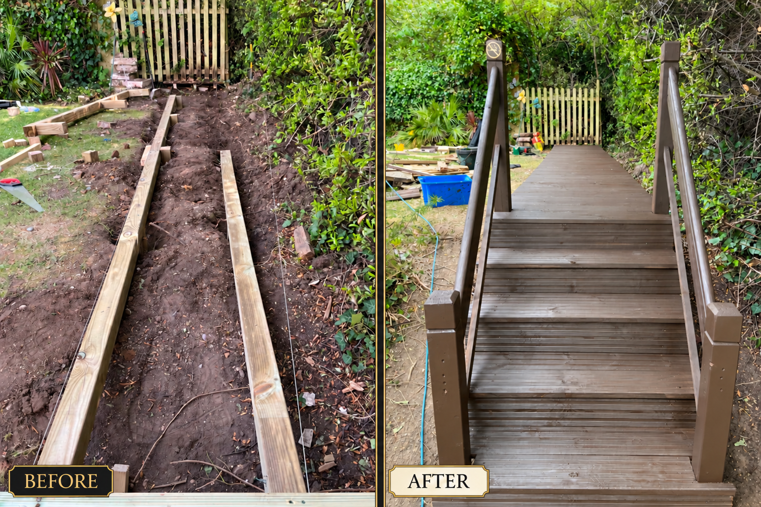 Garden staircase before and after renovation — West London