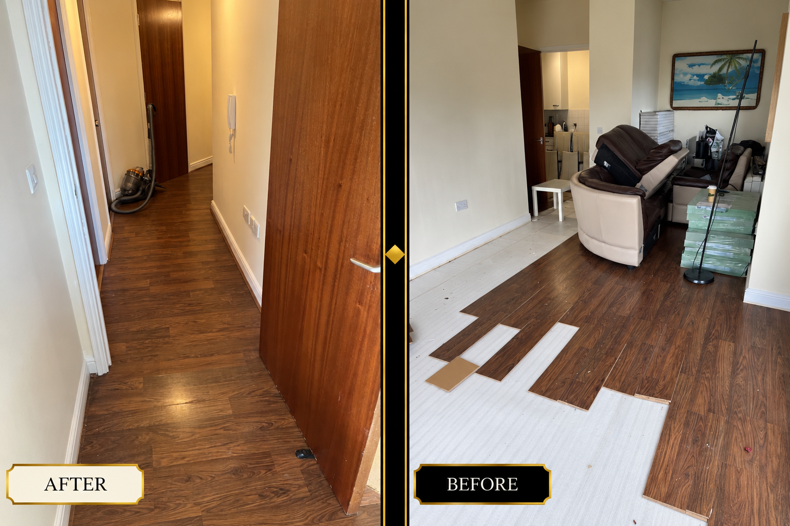 Hallway laminate flooring installation before and after — West London