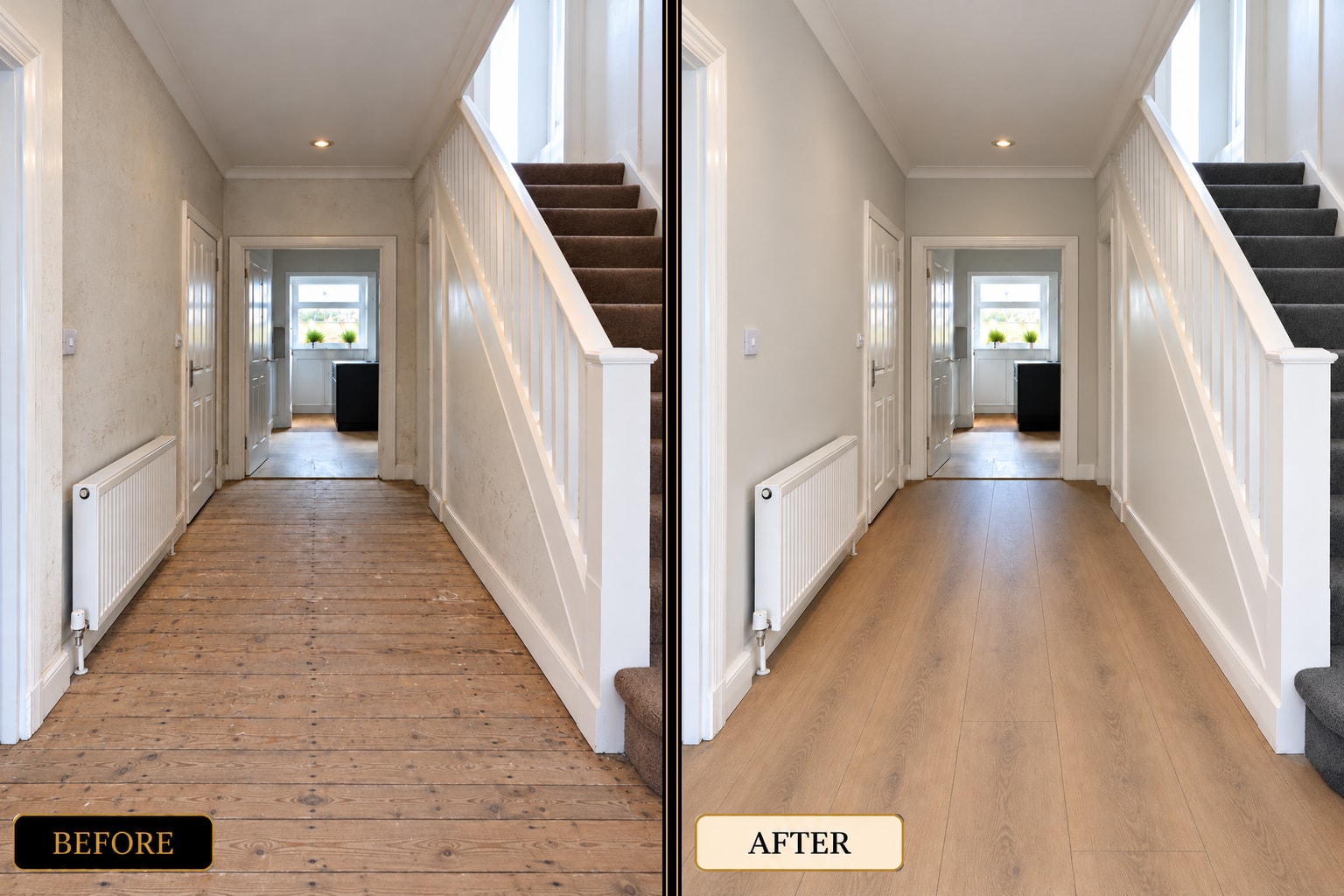 Hallway laminate flooring installation before and after — West London