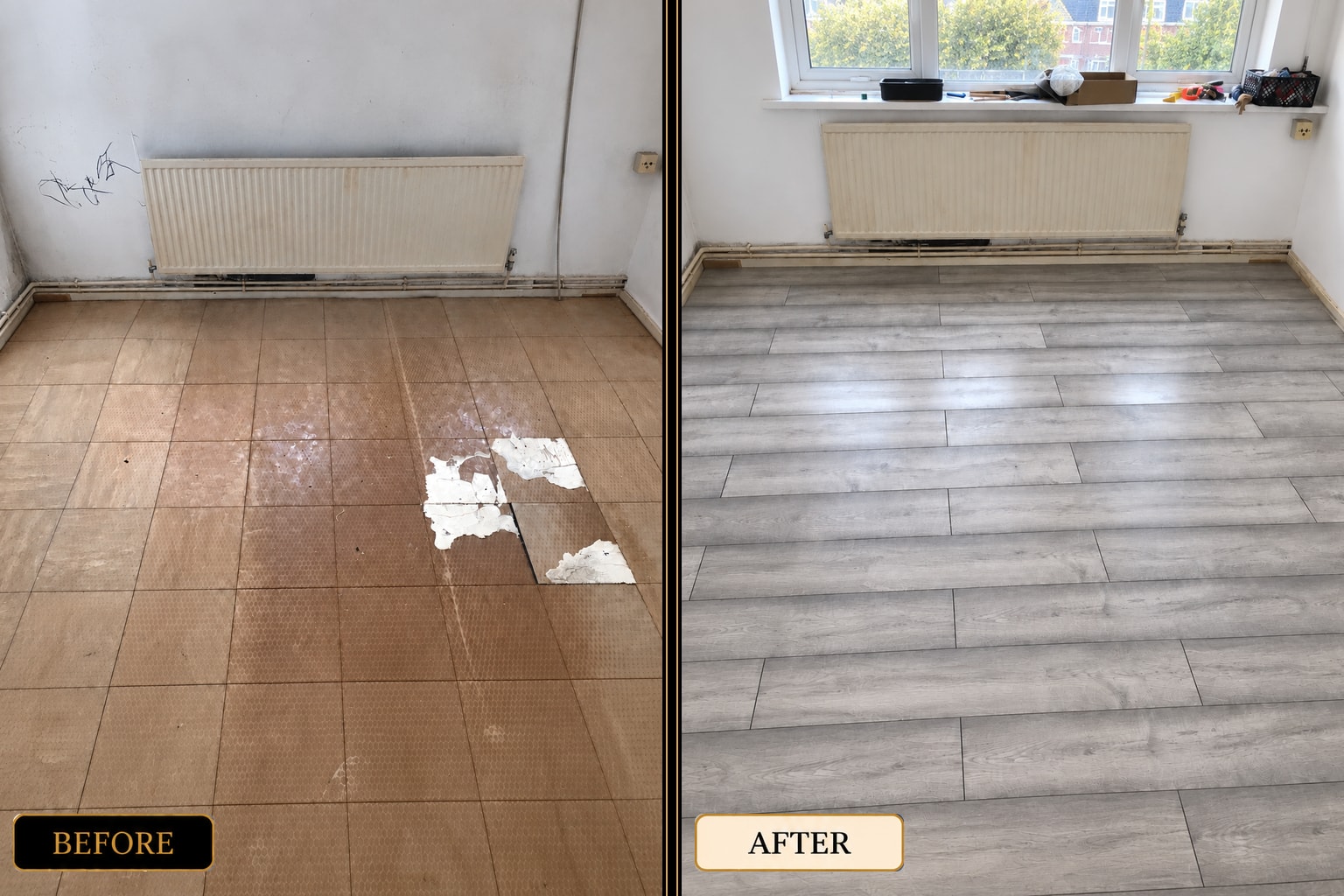 Completed open-plan room with new wood laminate flooring — West London