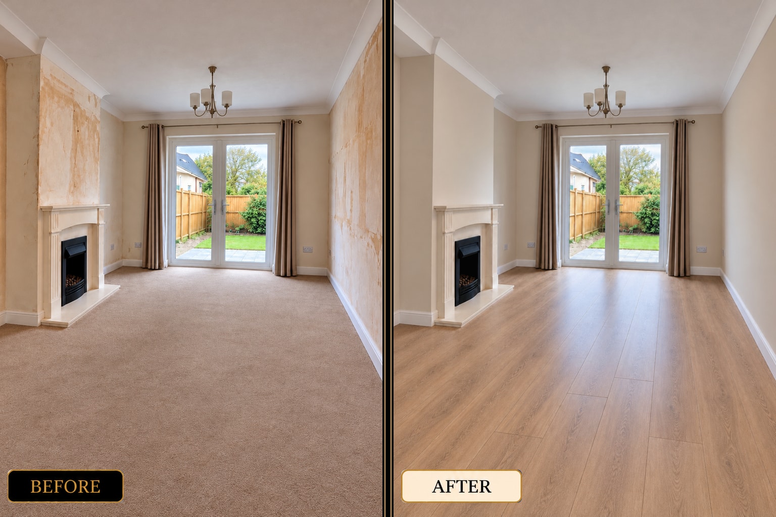 Grey wood-effect laminate flooring in bay window room — West London