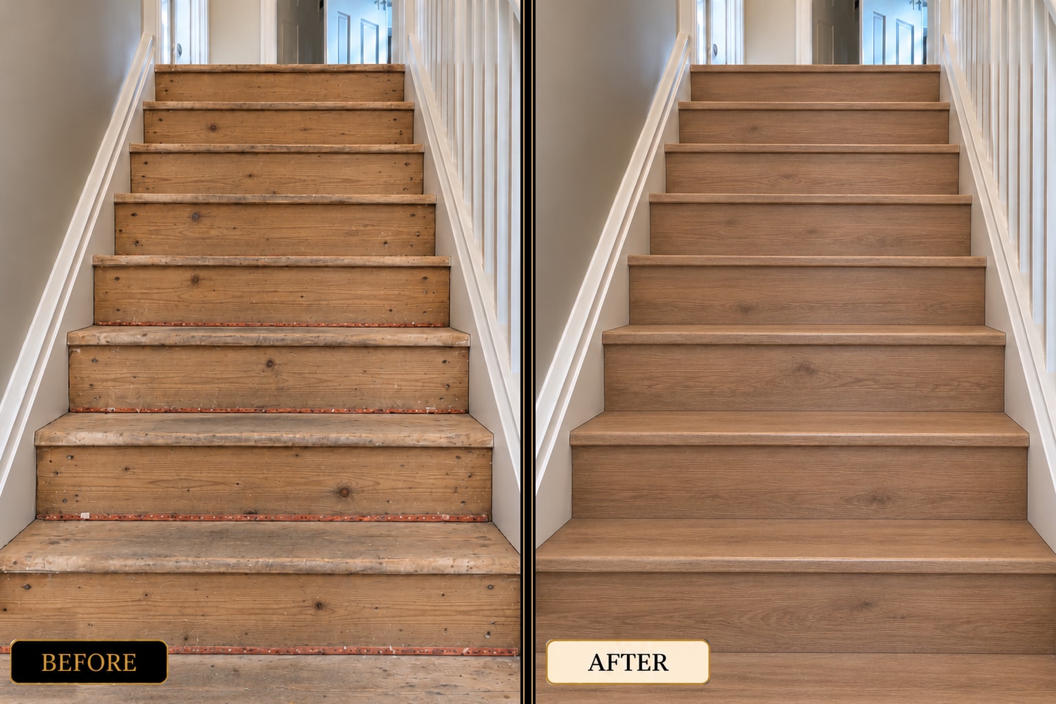 Staircase flooring renovation before and after — West London