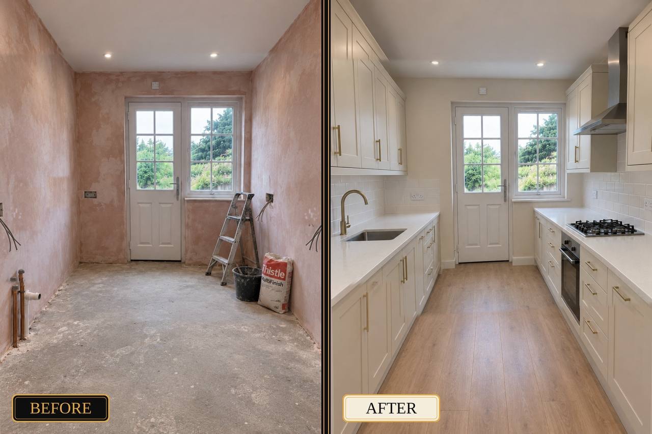 Kitchen renovation before and after — cream shaker units with gold hardware