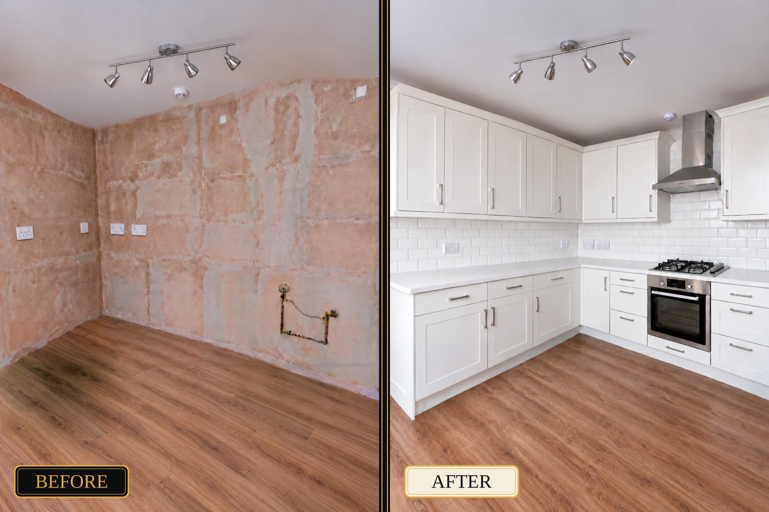 Kitchen renovation before and after — grey shaker units with gold hardware