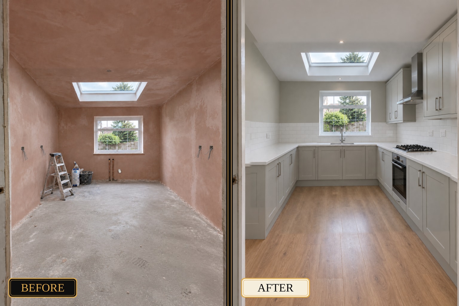 Kitchen renovation before and after — open-plan kitchen with island and skylight