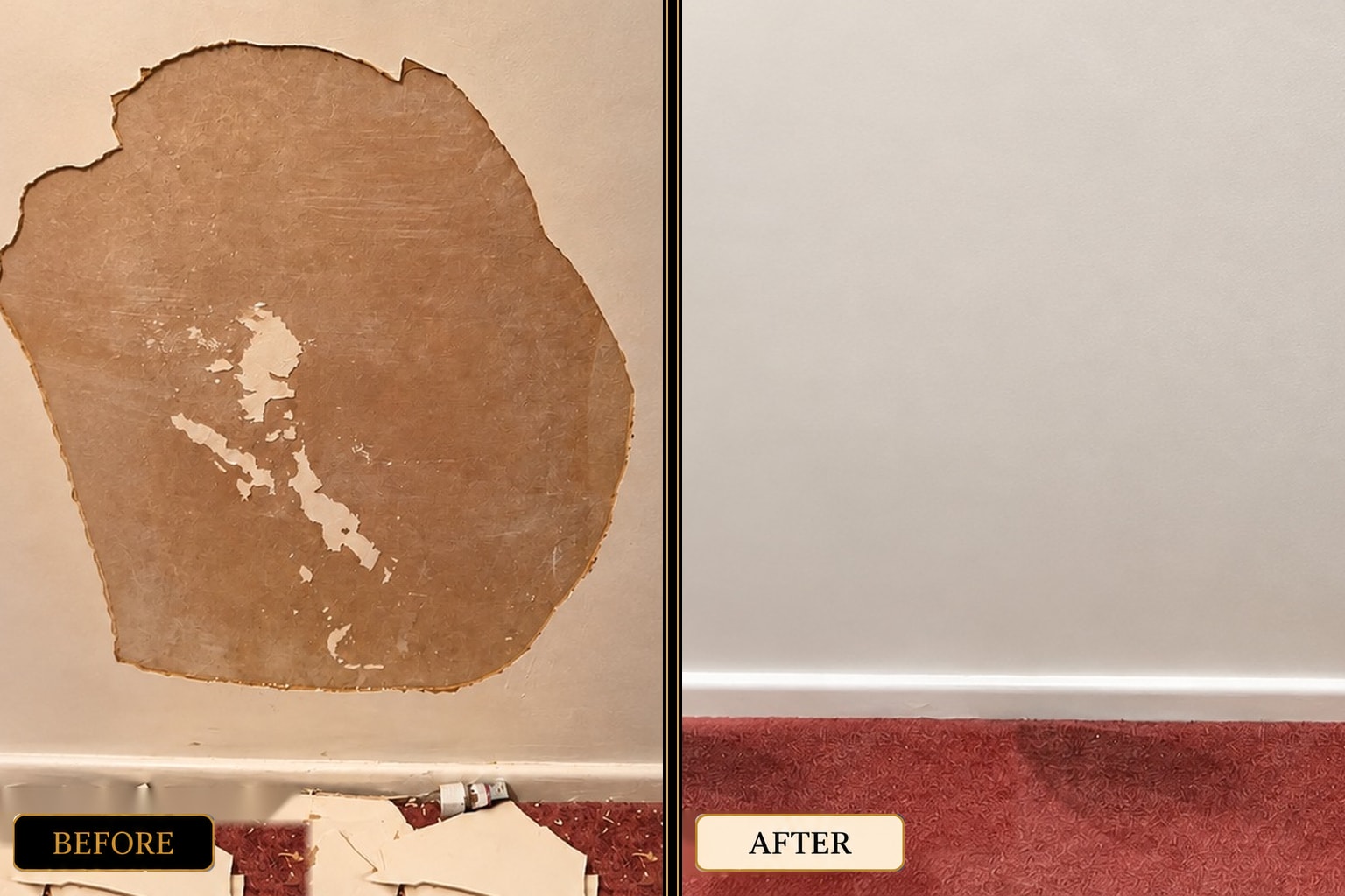 Wall damage repair and replastering before and after — West London