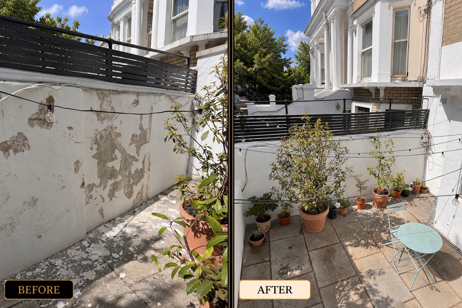 Exterior wall repair and painting before and after — West London