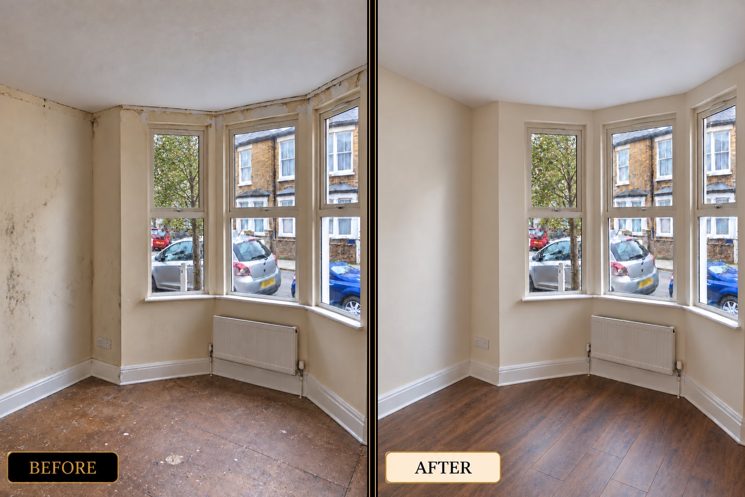 Bay window room plastering and painting before and after — West London
