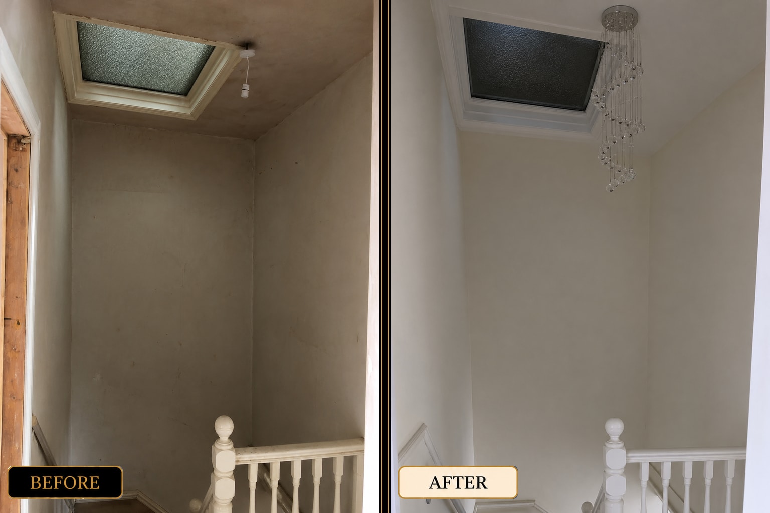 Stairwell plastering and decoration before and after — West London