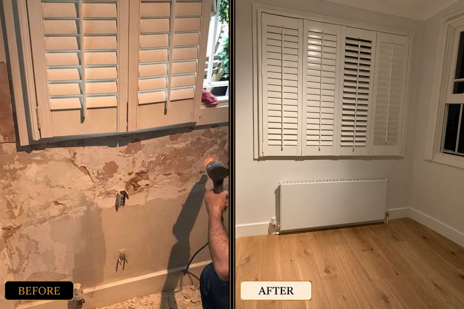 Damp treatment, wall repair and painting before and after — West London