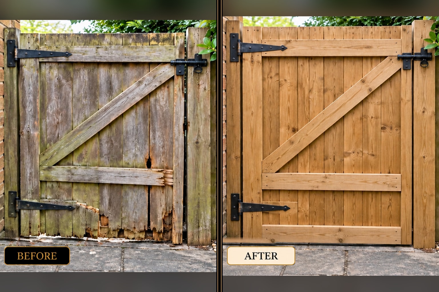 Timber garden gate replacement before and after — West London