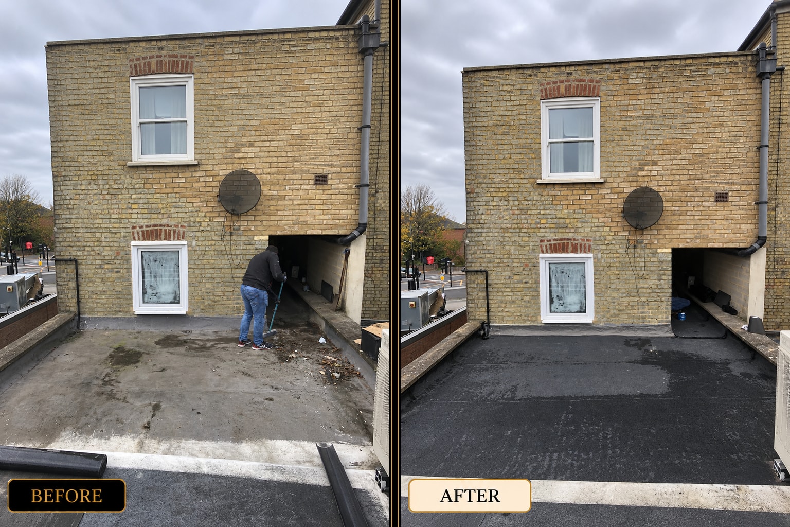 Flat roof waterproofing before and after — West London