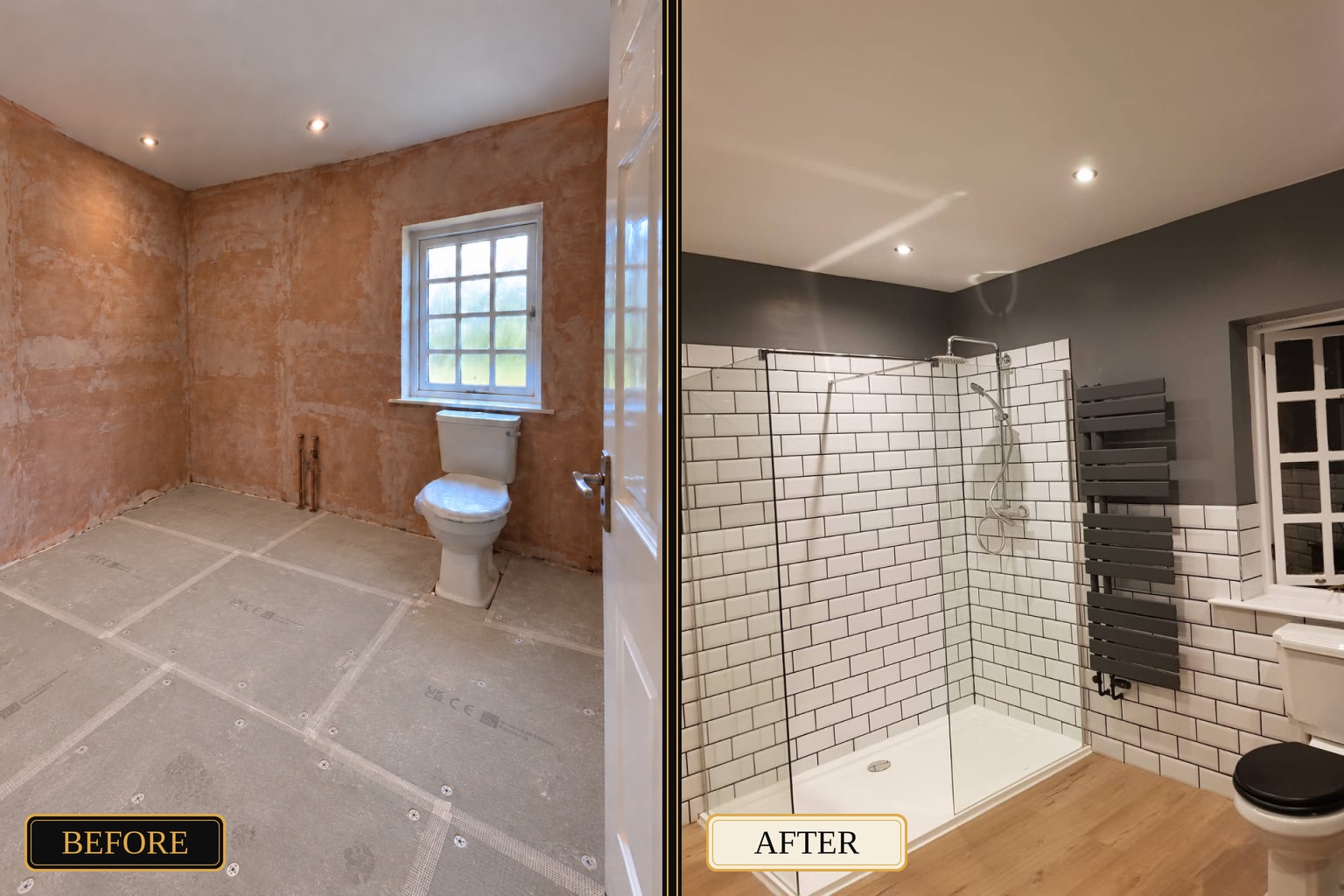 Completed bathroom with white subway wall tiles, freestanding bath and dark vanity — West London