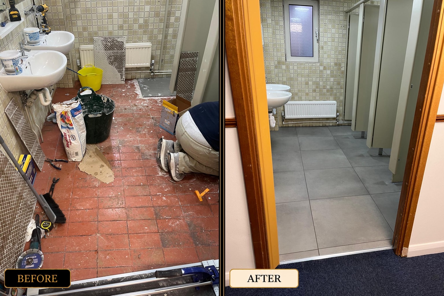 Commercial bathroom floor tiling before and after — West London