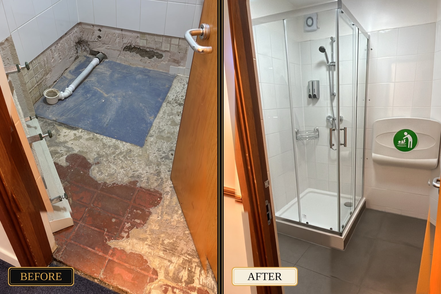 Before and after bathroom floor renovation and grey floor tiling by HM Developments London.