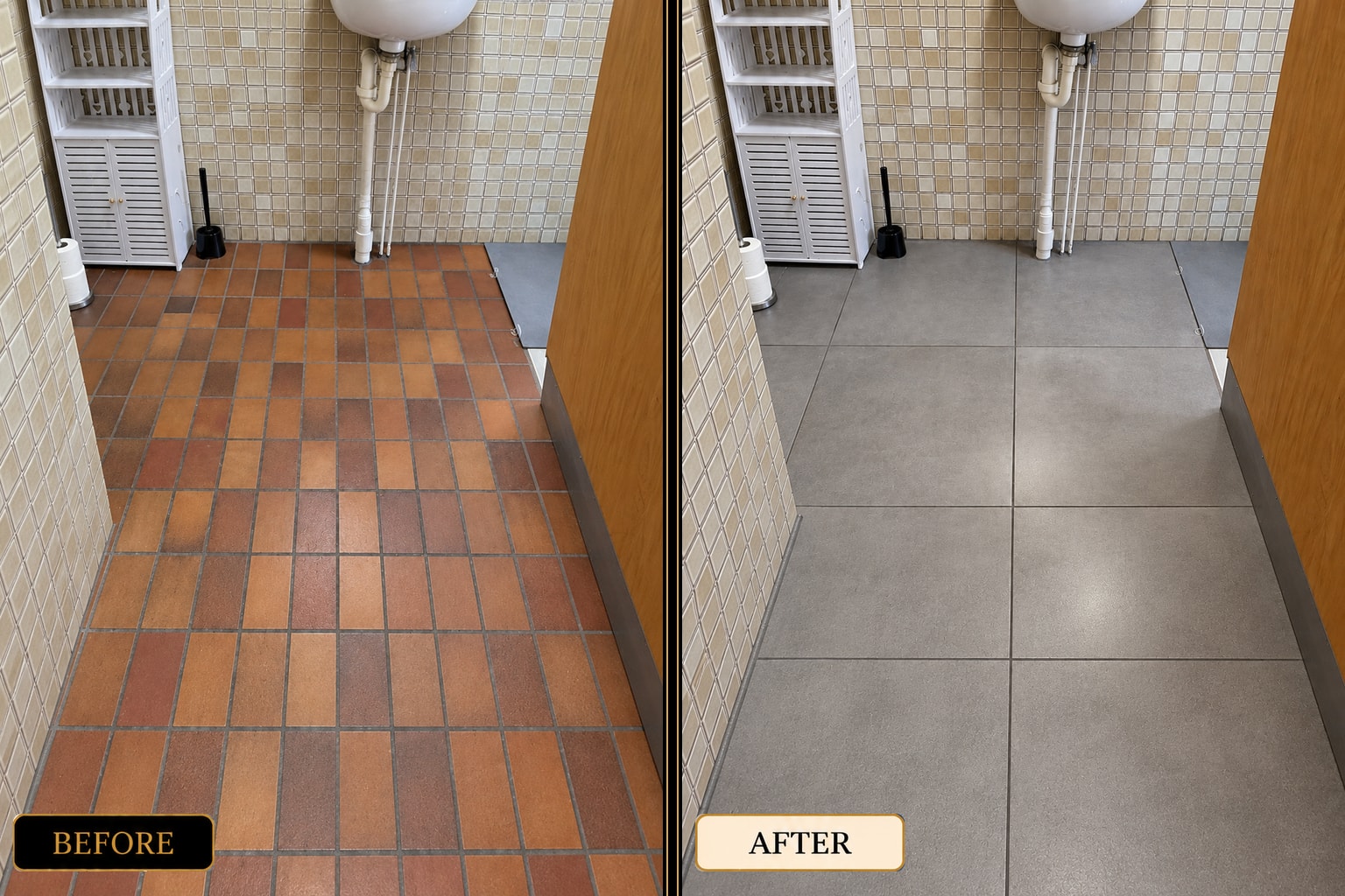 Bathroom floor tiling before and after — old terracotta tiles replaced with large grey floor tiles — West London