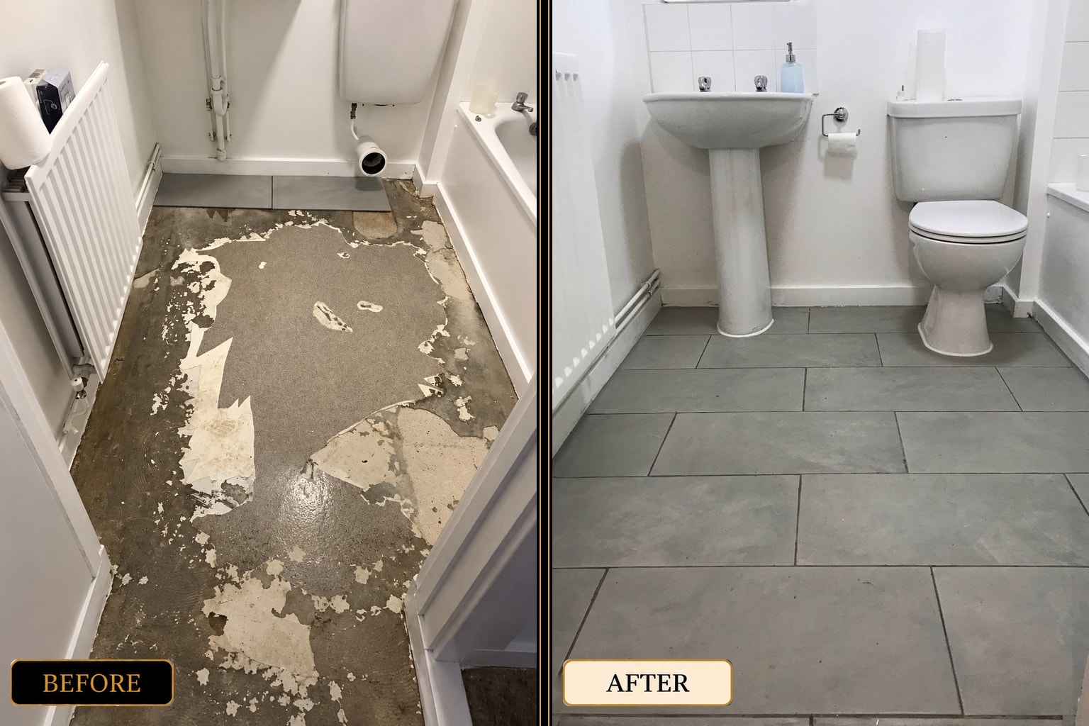Marble-effect floor tiling in bathroom with dark vanity unit — West London