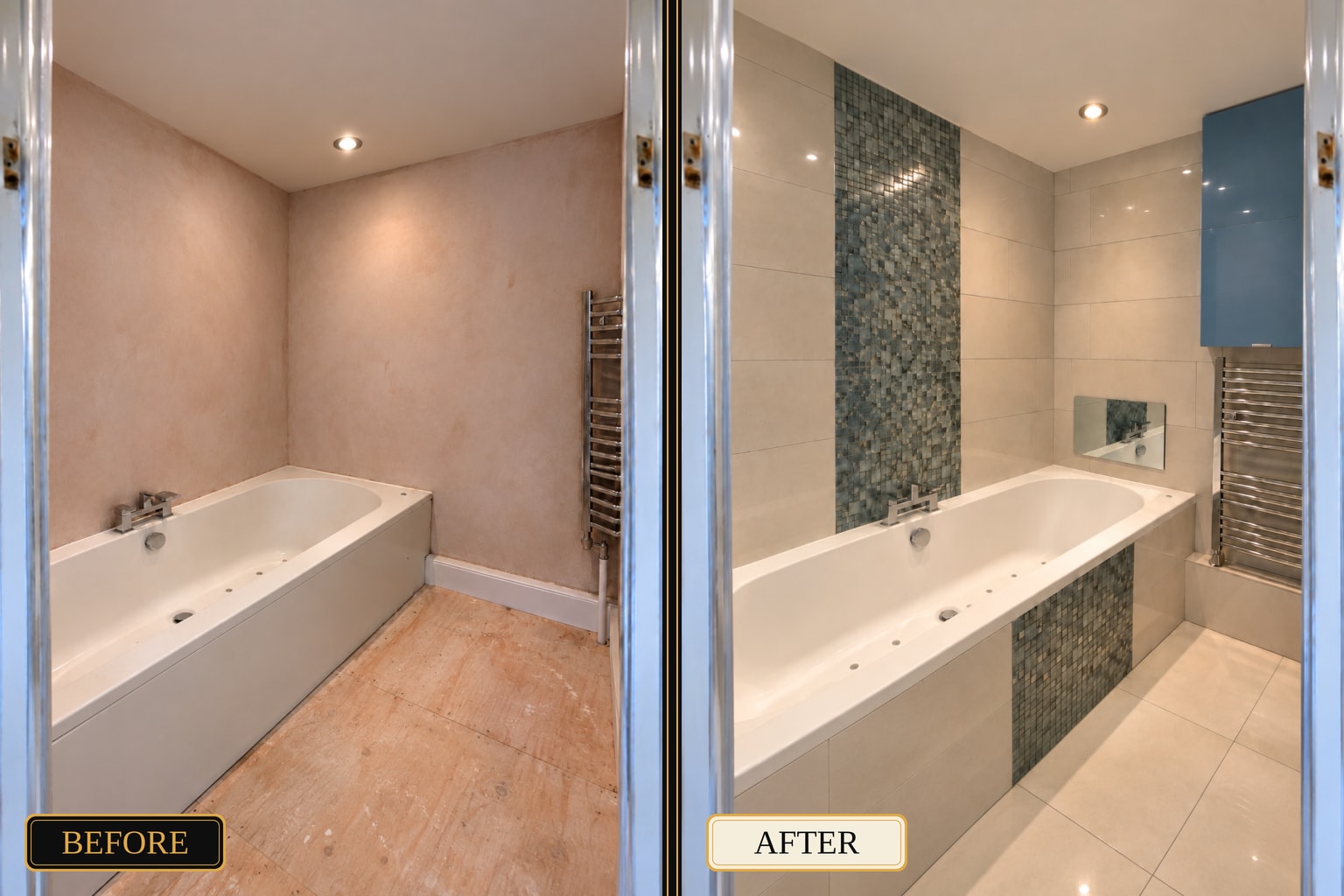 Full bathroom renovation with marble-effect wall tiles, vanity unit, toilet and bath — West London
