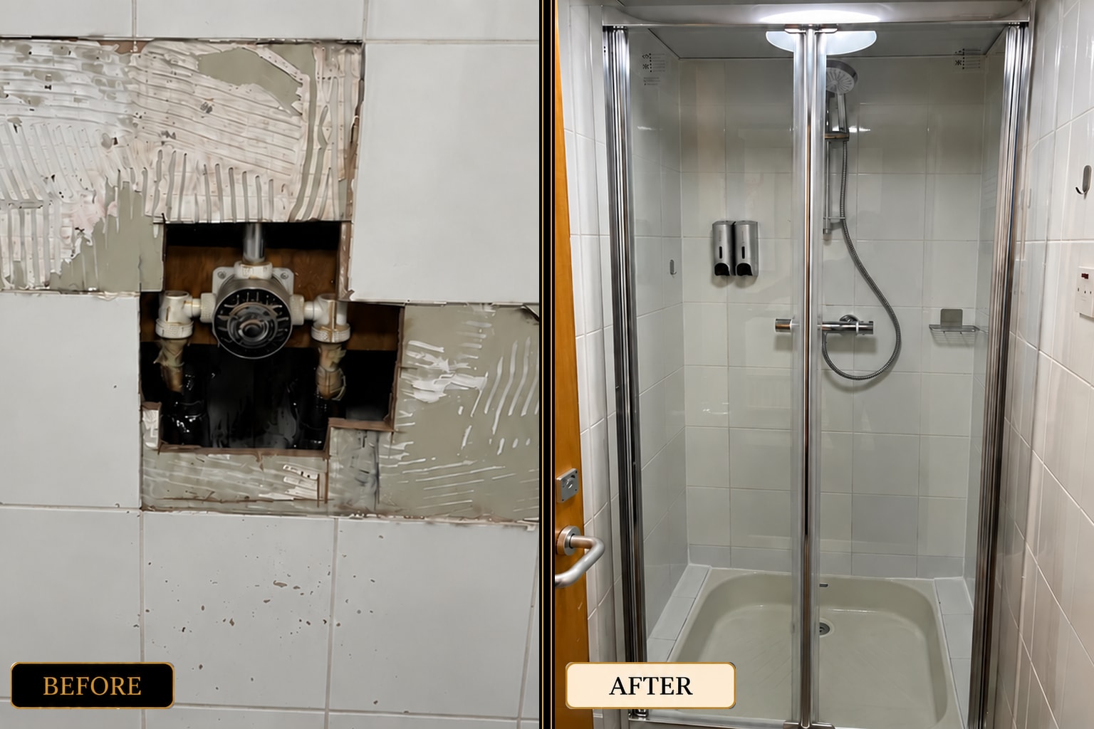 Shower mixer and door replacement — exposed old valve and removed tiles before, new shower enclosure after — West London